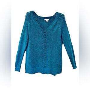 LC Lauren Conrad Womens S Wintergreen Long Sleeve Pointelle Weave V Neck Sweater